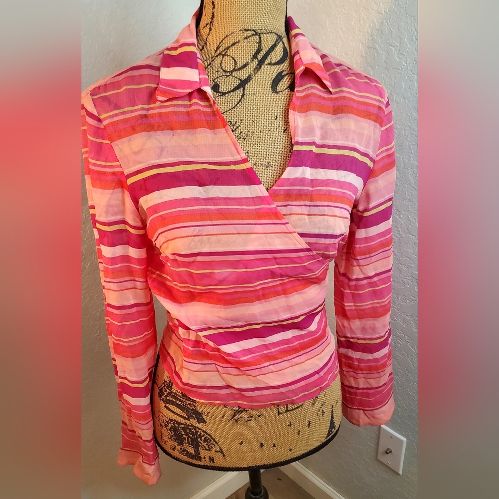 Ann Taylor Vibrant Pink Wrap Striped Blouse